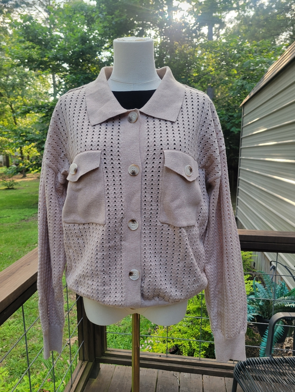 BiBi Light Blush Eyelet Knit Button-Up Jacket